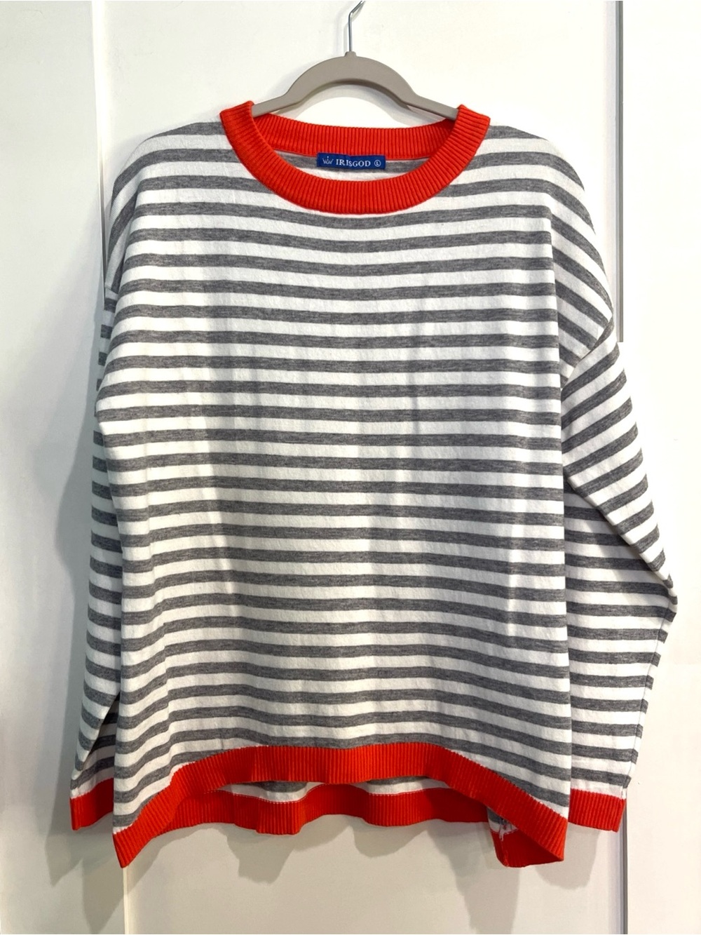 Striped Gray & White Sweater with Orange  Trim